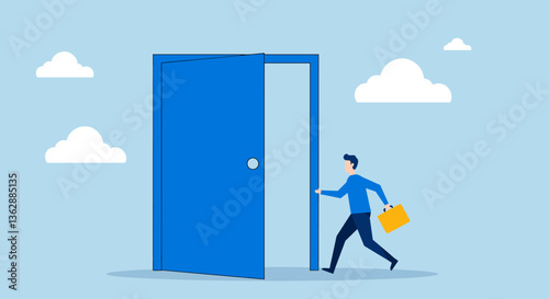 Businessman rushing through an open door.