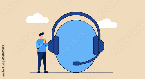 Man using mobile phone near giant headset