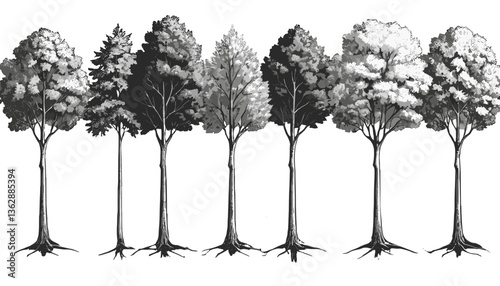 he image depicts a series of trees in a stylized, monochromatic illustration. The trees vary in details and shading, transitioning from dense foliage to sparse branches, effectively highlighting the d