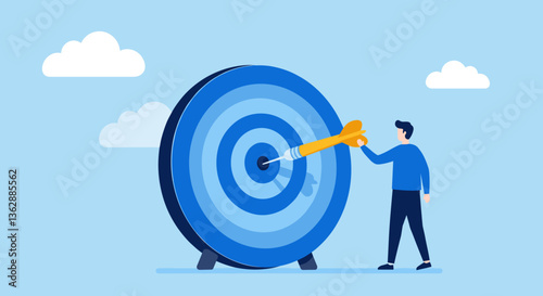 Man hitting bullseye on target, achieving goal.