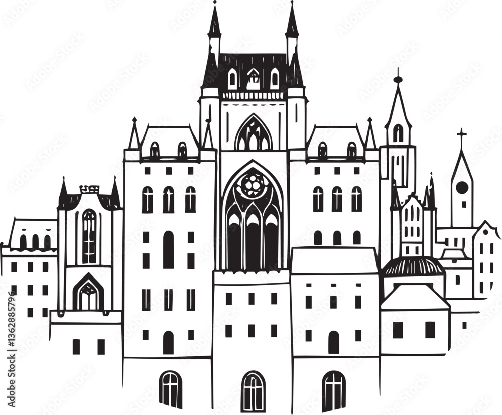 Obraz premium Cityscape and old houses. Hand drawn vector illustration