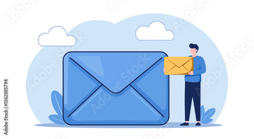 Man sending an email, digital illustration.