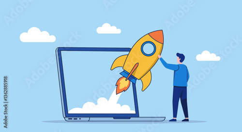 Man launching a rocket from a laptop.  Digital success!