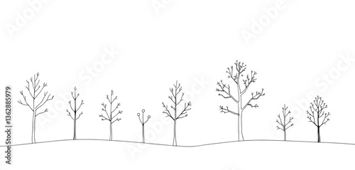 Monochrome illustration of various trees with bare branches in different sizes 