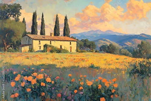 Tuscany Villa Oil Painting, Cypress Trees, Poppies Meadow, Italian Landscape Art