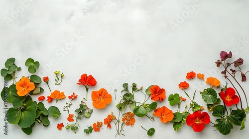 Vibrant Orange and Red Flowers on a Light Marble Background AI Generated