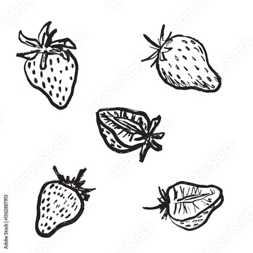 Whole and halved strawberry set in black brush stroke texture isolated on white. Hand drawn vector sketch illustration in vintage charcoal ink. Summer harvest, berry design, print.