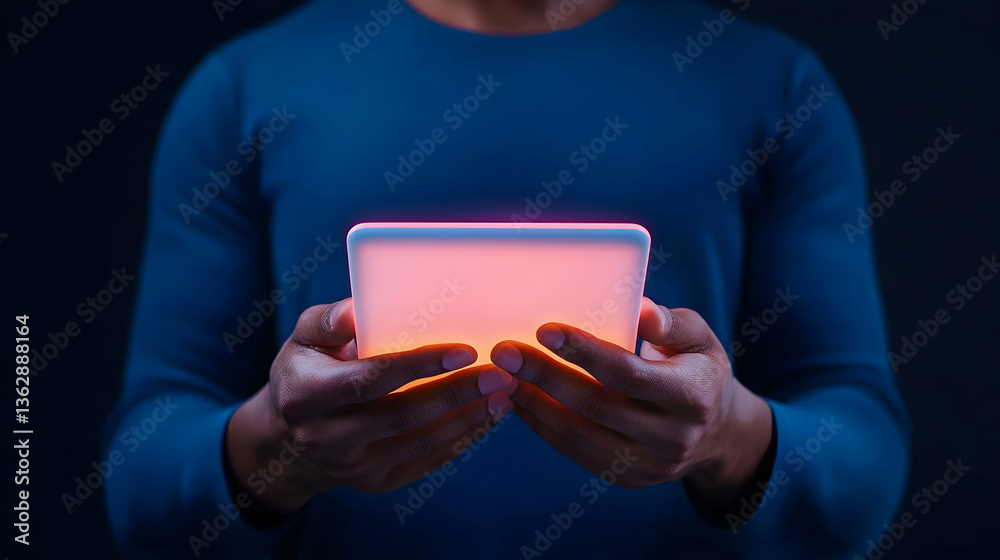 Person Holding Glowing Tablet, Closeup Person Holding Glowing Tablet, Closeup