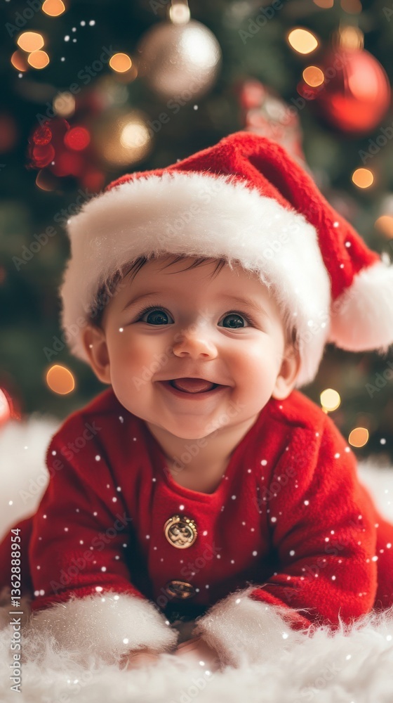 A smiling baby dressed in festive attire for Christmas celebrations