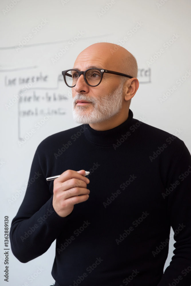 Naklejka premium Thoughtful man in black turtleneck engaged in creative brainstorming session in office