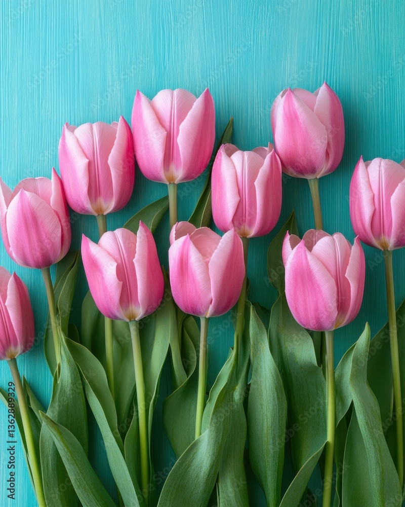 Delicate Pink Tulips on a Textured Turquoise Surface Creating a Fresh Springtime Vibe and a Sense of Natural Beauty and Calm Delicate Pink Tulips on a Textured Turquoise Surface Creating a Fresh Springtime Vibe and a Sense of Natural Beauty and Calm