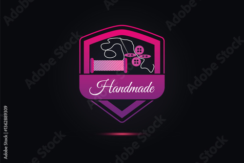 Handmade sewing logo with needle and thread. Artisanal logo.
