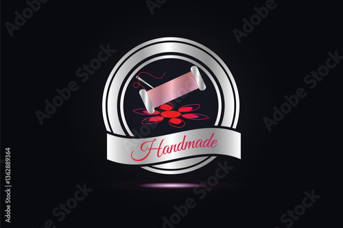 Handmade sewing logo with needle and thread. Artisanal logo.
