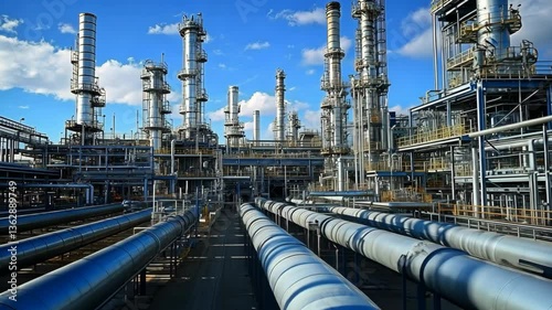 refinery - chemical factory with buildings. View gas processing factory. Oil refinery plant form industry, Refinery factory white oil storage tank, Oil refinery plant from industry zone.