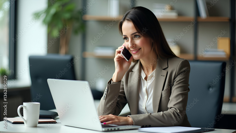 Busy Mature Businesswoman on Phone While Working at Desk - Vector Art Busy Mature Businesswoman on Phone While Working at Desk - Vector Art