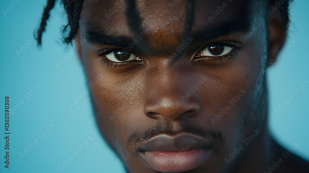 Close Up Portrait of a Young Black Man with Dark Hair and Intense Gaze Close Up Portrait of a Young Black Man with Dark Hair and Intense Gaze