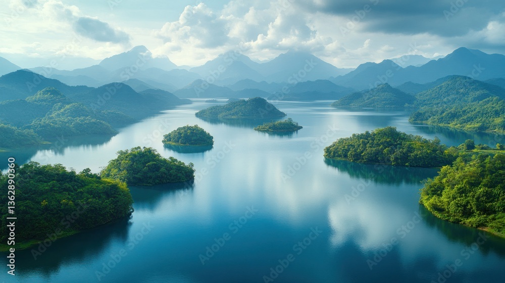 Naklejka premium Serene lake surrounded by lush green islands and misty mountains. Tranquil water reflecting a cloudy sky