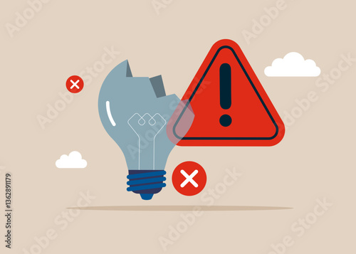 Crashed lightbulb. Financial crisis and Global economic money problem. After business failure, burnout or exhausted from crisis, no new idea or inspiration. Flat vector illustration