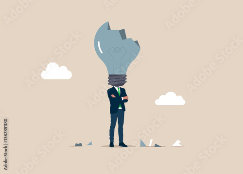 Businessman with a crashed light bulb of a head on shoulders. Financial crisis and Global economic money problem. After business failure, burnout or exhausted from crisis, no new idea or inspiration.