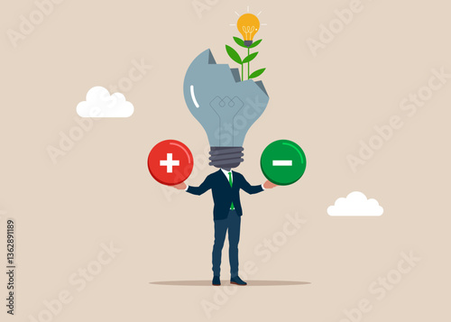 Crashed lightbulb. Control test, for and against, pros and cons. Decision making under uncertainty. Plan, saving and investment or stock market rebound and economic recover.