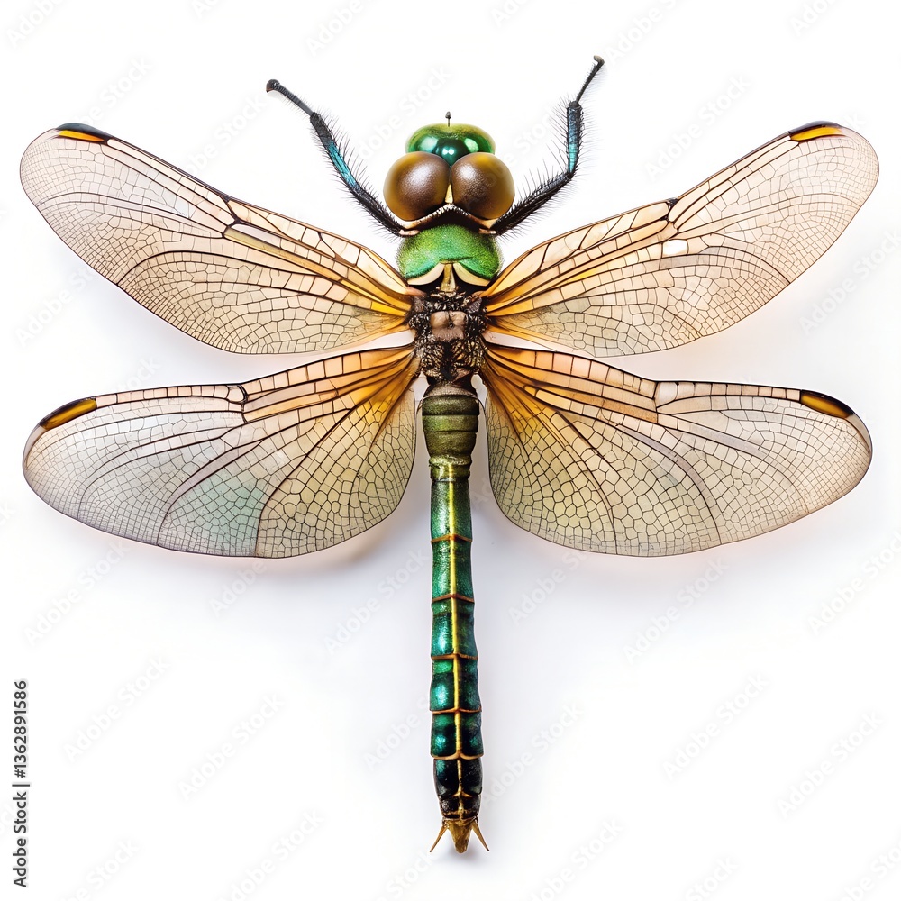 Top side closeup macro view of beautiful dragonfly isolated on white background Top side closeup macro view of beautiful dragonfly isolated on white background