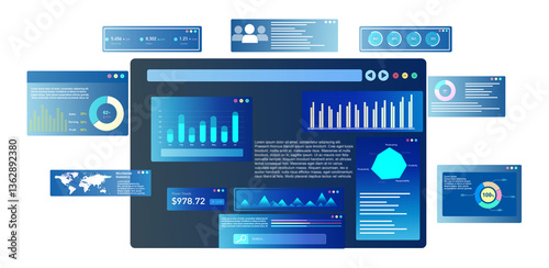 KPI dashboard.Financial business data analytics graph dashboard. Management data System KPI connected in database for follow earnings,operations and sales data PNG.	 photo