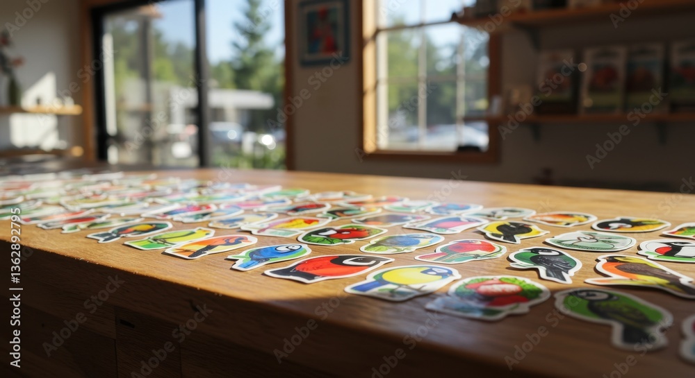 A Colorful Collection of Bird Stickers Displayed on a Wooden Table in a Sunny Shop Setting A Colorful Collection of Bird Stickers Displayed on a Wooden Table in a Sunny Shop Setting