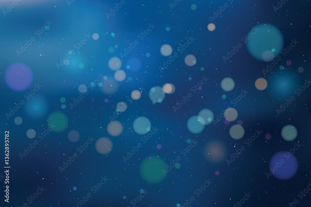 Dark blue bokeh background with glowing light orbs and subtle sparkles, creating a dreamy and elegant visual effect.