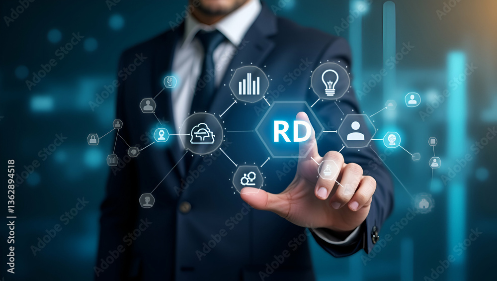 Flat Businessman Engaging with R&D Icons: A Cute Vector Illustration of Innovation and Strategic Growth Flat Businessman Engaging with R&D Icons: A Cute Vector Illustration of Innovation and Strategic Growth