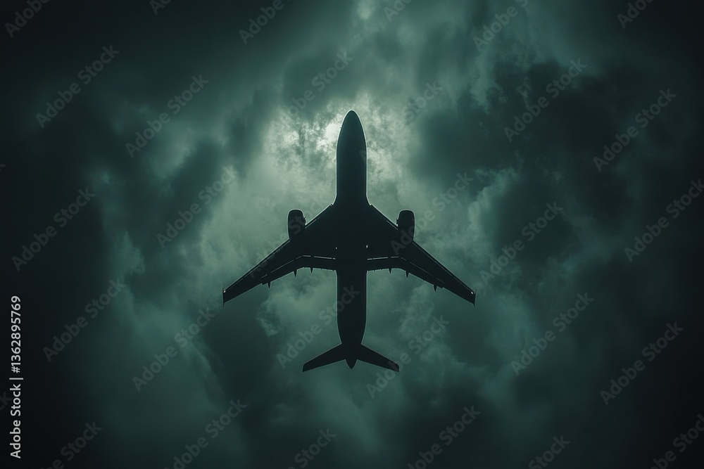 Fototapeta premium Airplane Silhouette Flying Through Dark Stormy Clouds Against Dim Light Background