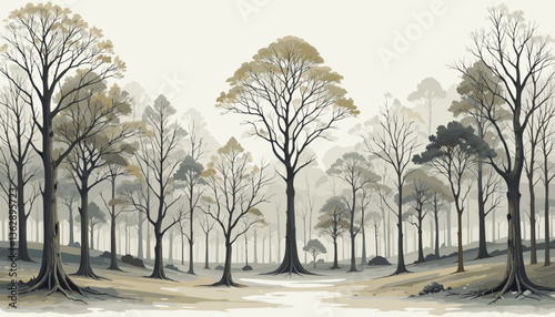 The image depicts a serene forest landscape featuring a mix of towering evergreen and deciduous trees, some of which show hints of autumn foliage with yellow leaves. The atmosphere is characterized by