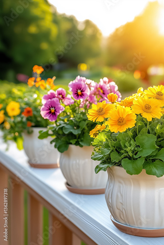 Wallpaper Mural Potted flowers in vibrant colors arranged neatly on a railing. Soft sunlight creates a warm glow in a garden setting. Concept of gardening, outdoor decor, relaxation Torontodigital.ca