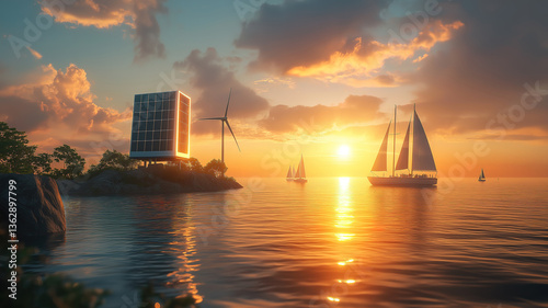 Futuristic renewable energy farm with solar panels, wind turbines, and battery storage