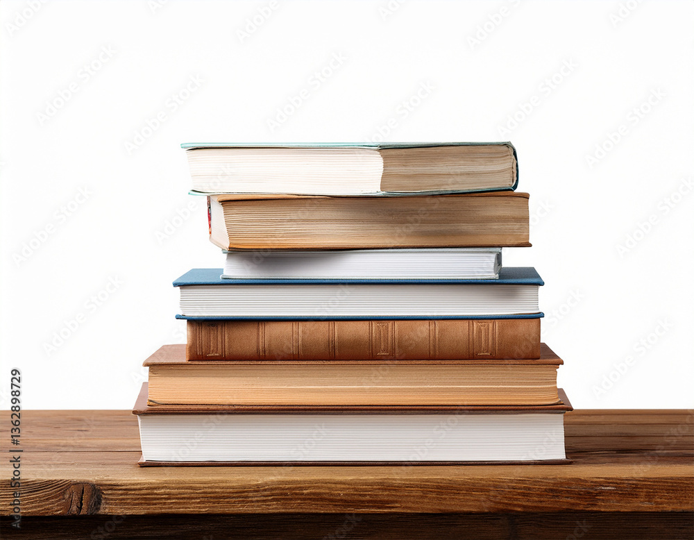 Fototapeta premium wooden table with stacked books white isolated background
