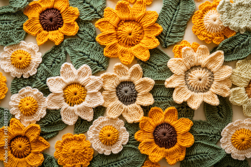 Close-up of crocheted sunflowers and leaves, yellow and cream flowers with green foliage, showcasing intricate texture and craftsmanship, representing nature's beauty and handmade artistry