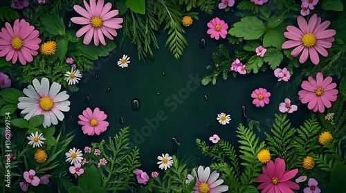 Vibrant Floral Wreath, Summertime Digital Illustration, Dark Green Background AI Generated