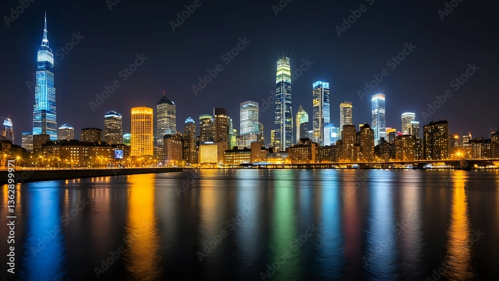 Naklejka premium Stunning nighttime cityscape panorama, reflecting in calm waters. Vibrant city lights illuminate modern skyscrapers.