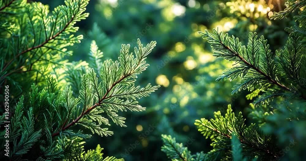 Beautiful lacy green natural backdrop of evergreen needle clusters shimmering and illuminated by the summer sun.