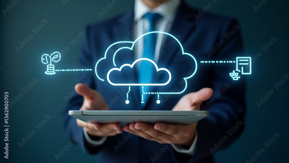 Flat Man Using Laptop: Cloud Computing Diagram & Networking Concepts Flat Man Using Laptop: Cloud Computing Diagram & Networking Concepts