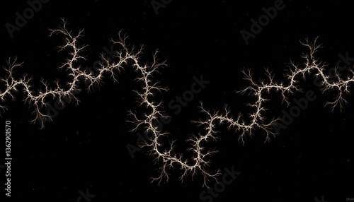 The abstract fractal on a black background displays intricate patterns of swirling lines and geometric shapes