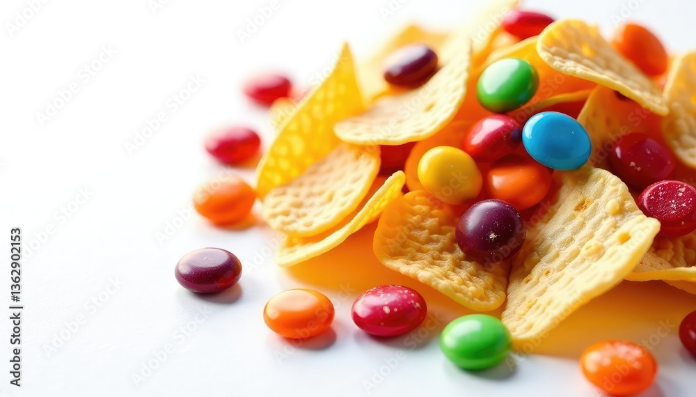 Pile of colorful candy, chips, and soda on white background, soda, treats, object Pile of colorful candy, chips, and soda on white background, soda, treats, object