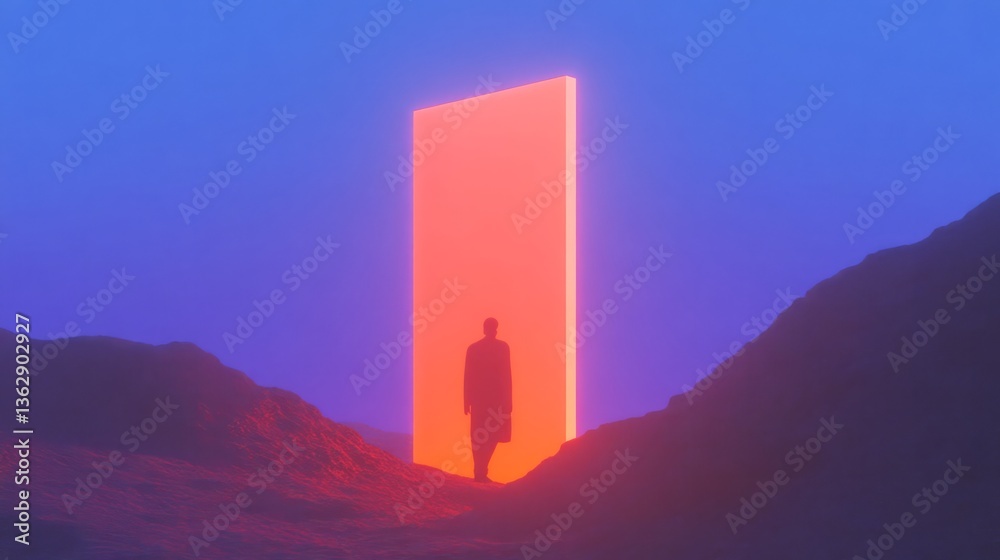 Fototapeta premium Person standing before a glowing portal in a barren landscape