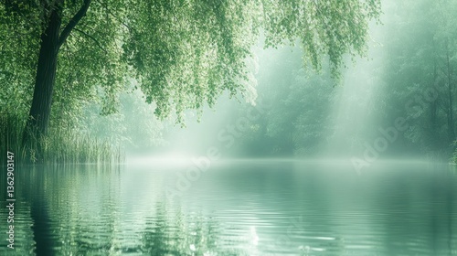 Serene misty morning forest river scene