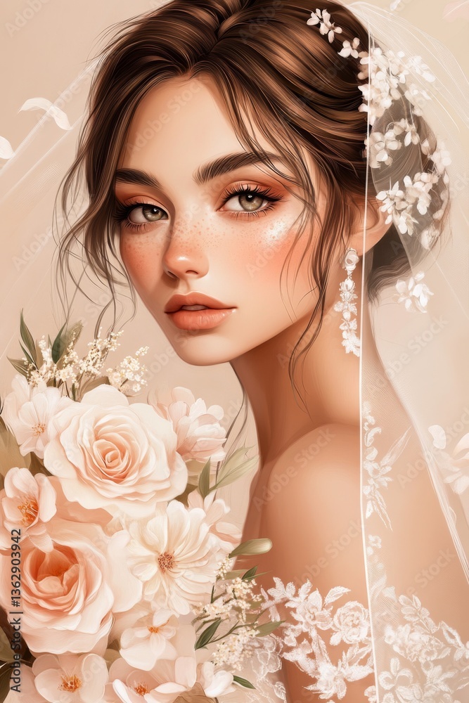 Naklejka premium Beautiful anime bride in white wedding dress with floral bouquet and veil