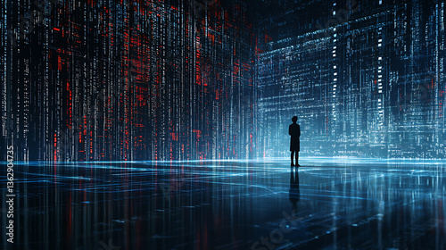 Person facing digital wall of code