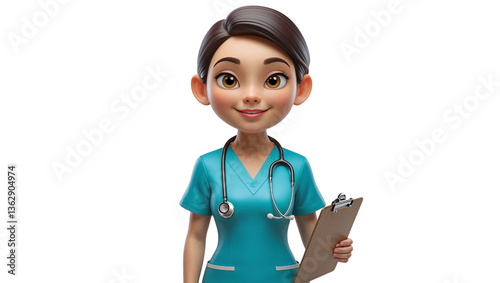 Cartoon nurse holding clipboard on transparent background