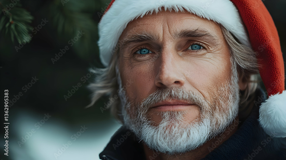 Portrait of Older Man with Gray Beard and Bright Blue Eyes Wearing Santa Hat in Snowy Winter Setting Portrait of Older Man with Gray Beard and Bright Blue Eyes Wearing Santa Hat in Snowy Winter Setting