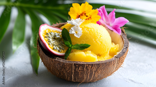 Delicious mango sorbet served in coconut shell with passion fruit and flowers