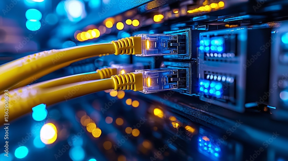 Naklejka premium Data center operations showcasing network connections and cabling efficiency