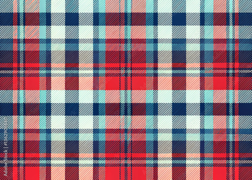 A colorful plaid pattern with blue, red, and white squares A colorful plaid pattern with blue, red, and white squares